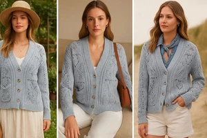 Sundance Women Chunky Knit Cardigan Blue M Crochet Boho Cottagecore Quiet Luxury - Picture 1 of 11