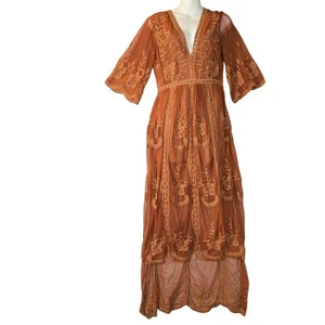 Wishlist Womens L Rust Orange Maxi Dress Boho Embroidered Mesh Sheer Festival - Picture 1 of 16