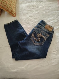 Silver Suki 17 Surplus Damen Größe 28/20 Blau Denim Bestickt Capri Jeans  - Bild 1 von 7