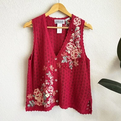 VTG 90s Jantzen Womens Hand Embroidered Floral Sweater Vest XL Grandma Cottage - Image 1 of 4