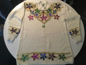 Lisa Ashley White Floral Damen Bedazzled Pullover Vintage Gr: M - Bild 1 von 6