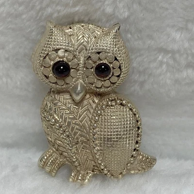 Broche prendedor vintage de plata esterlina de búho ojos granate rojo oscuro 925 Foto 1 de 4