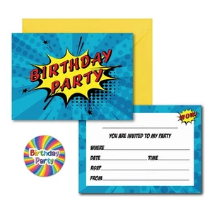 12 x Comic Superhero Birthday Party Invitations with Yellow Envelopes & Stickers - Picture 1 of 9
