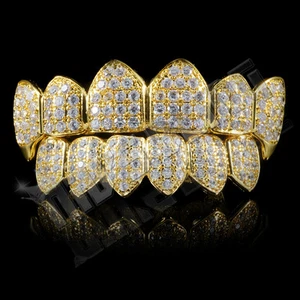  18K Gold Plated Custom Slugs CZ Vampire Fang Top Bottom GRILLZ Mouth Teeth Set - Picture 1 of 4