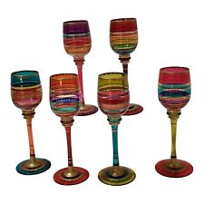 Pier 1 Wine Glasses Colorful Stripes Gold Accents 7" Tall - Set of 6 Bar Ware