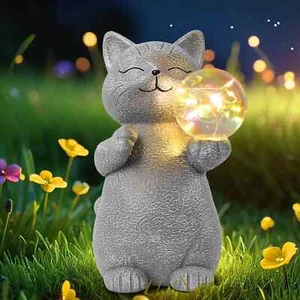 Cat Garden Statue with Solar Ball Light 7.3" Resin Cat Figurine Waterproof fo... - Picture 1 of 6