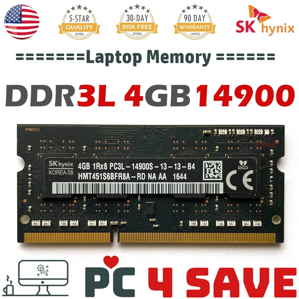 SK Hynix 4GB DDR3L 1866MHz 1RX8 PC3L-14900S 1.35V Laptop Memory Single SODIMM - Image 1 of 1