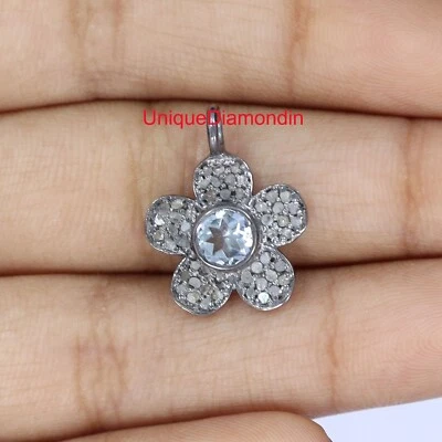 Natural Diamond & natural Aquamarine 925 Sterling Silver Handmade Flower pendant - Image 1 of 4