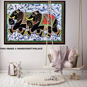 ELEPHANT PAIR BATIK Indian Cotton Poster Wall Hanging Tapestry Table Cloth Gypsy - Picture 1 of 2