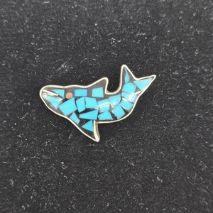 Vintage Hopi Navajo Silver Tone Turquoise Style Inlay Whale Fish Pinback Broach - Picture 1 of 4