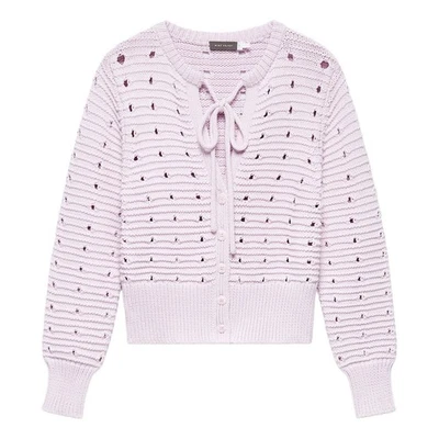 Mint Velvet Openwork Tie Neck Cardigan Size M 12 Lilac Chunky Knit Cotton - Image 1 of 4