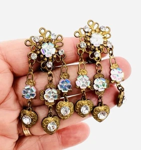 Pendientes colgantes firmados vintage de vidrio y diamantes de imitación JANNY Co. dorado AB - Imagen 1 de 9