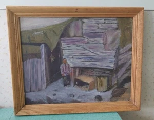 Folk Art Painting on Board Stressed Sad Boy Outside Shack Possibly Native Artic - Picture 1 of 7