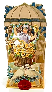 Antique Victorian Valentine Honeycomb Pop Up Girl in Basket w/ Flowers Germany - Picture 1 of 5