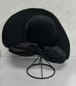 Michael Howard Large Brimmed Black 100% Wool Hat Vintage Bow - Picture 1 of 10