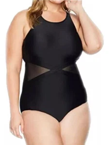 Coastal Blue Crisscross Strap Mesh Side One-Piece Swimsuit, Black, XS, M or 1X - Picture 1 of 3