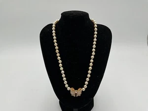 Swarovski Necklace Dangle Pearl Bow Gold Plated 17" N529 - Picture 1 of 5