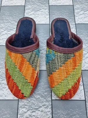 Mocasines de alfombra afganos Kilim hechos a mano para damas sin cordones de lana de mula talla 25 Cm Foto 1 de 4
