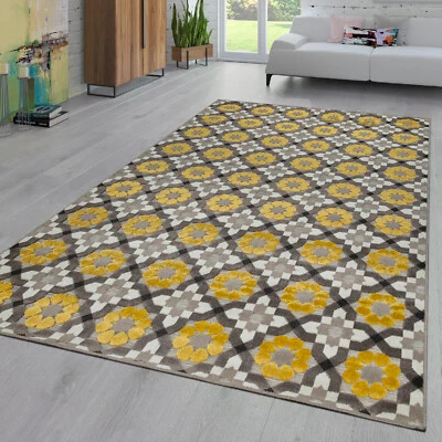 Tapis Intérieur Extérieur Balcon Terrasse Motif Rétro Tissage 3D Jaune Beige - Photo 1/3