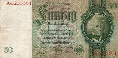 XXX-Rare genuine 50 Reichsmark 3. reich nazi banknote 1933 fine c rarer und. B ! - Image 1 of 2