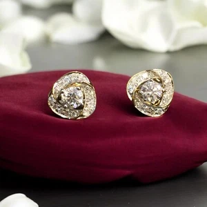 Pave 0.90 Cts Round Brilliant Cut Diamonds Solitaire Stud Earrings in 18K Gold - Picture 1 of 5