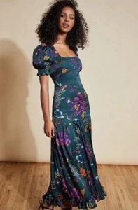 Anthropologie HUTCH Floral Puff-Sleeve Maxi Dress 12 Fit & Flare Ruffle Hem $198 - Picture 1 of 22