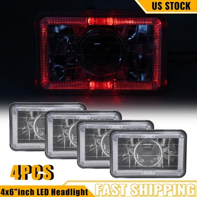 4PCS 4X6" Red LED Halo Headlight Projector Headlamp Sealed Beam H4 Diamond Cut - Image 1 of 4