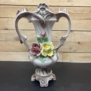 NAPOLEON CAPODIMONTE ITALY PORCELAIN LARGE DOUBLE HANDLE FOOTED VASE 15” ROSES - Picture 1 of 13