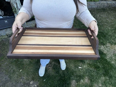 Wooden Rectangular Heavy Serving Tray Beautiful Handmade Ottoman Tray Walnut - Image 1 of 4