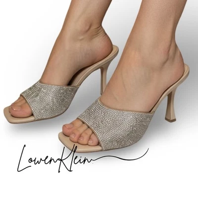 Steve Madden Beige Rhinestone Square Toe Heeled Mules Sandals Size 10M - Image 1 of 4