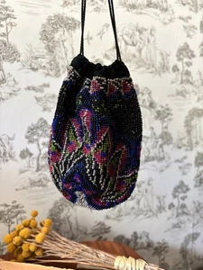Antique Victorian 19th Century Pouch Drawstring Purse Colorful Geometric Beaded - Picture 1 of 9