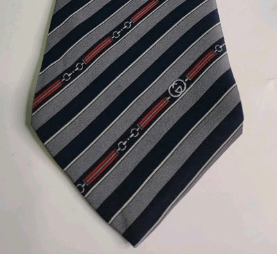 复古古驰灰色和蓝色条纹马位丝绸领带 57 X 3.5 意大利制造  — 第 1/4 张图片