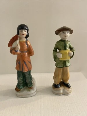 VTG Occupied Japan Porcelain Figurine 5” Tall Asian Woman Fanning, Oriental Man - Image 1 of 3