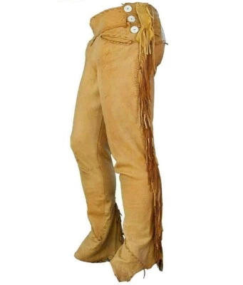 Men Native American Western Soft Buckskin Buffalo Ragged Leather Pants - Image 1 of 3
