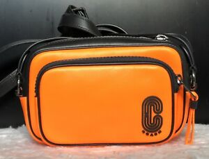 NEW COACH Mini Edge Double Pouch Calf Leather Crossbody In Gunmetal/Fluo Orange