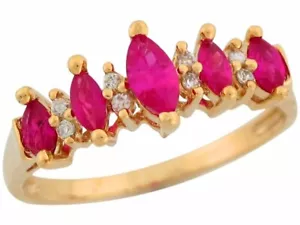 10k or 14k Yellow Gold Five Marquise Simulated Ruby White CZ Ladies Band Ring - Picture 1 of 4