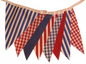 BUNTING Nautical Red Blue White Gingham Stripe on White Tape - PER METRE - Picture 1 of 2