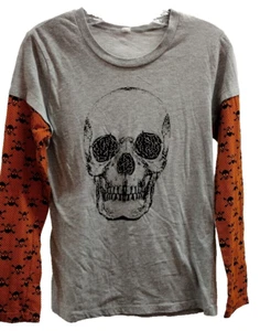 SKULL SHIRT LADIES M TOP ORANGE LONG SLEEVE BLACK - EMBELISHED SKULL GLITTERY - Picture 1 of 20