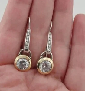 2.50Ct Round Cut Simulated Diamond Drop/Dangle Earrings 14k Two Tone Gold Plated - Picture 1 of 4