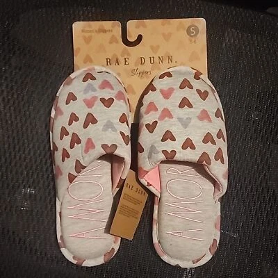 RAE DUNN WOMEN'S SLIPPERS HEART PRINT SOFT GRAY SIZE S 5-6 - Image 1 of 4
