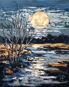 Moonlit Reflections Original Oil Painting Blue Night Landscape 8x10” Handmade - Picture 1 of 10