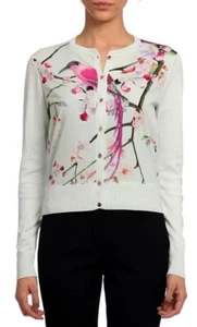TED BAKER Henah cardigan sz 3 / bird floral lightweight rose gold logo green - Picture 1 of 10