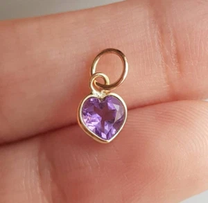 18k Solid Gold Heart Purple Amethyst Charm Handmade Natural Gemstone Pendant - Picture 1 of 4