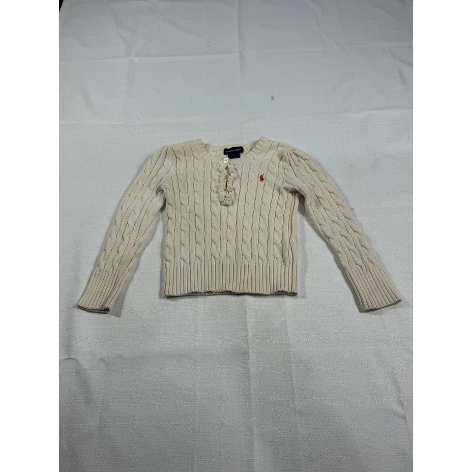 Ralph Lauren 儿童电缆针织毛衣 5 码红色小马标志纽扣 — 第 1/4 张图片