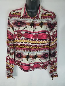 Camicia donna H&M con bottoni taglia 8 stile azteco sud-ovest manica lunga ritagliata - Foto 1 di 12