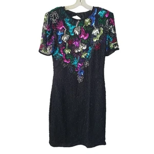 Vintage Sweelo Perlen Pailletten Kleid 80er Abschlussball Cocktail schwarz Regenbogen Glam ausgefallen - Bild 1 von 15