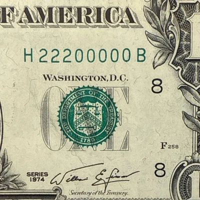 Fancy Binary Serial Number 22200000 1974 $1 FRN Uncirc. PCGS 64 Fr. 1908H - Image 1 of 4