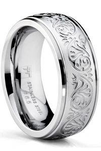 7MM Stainless Steel Ring With Engraved Florentine Design Sizes 4 to 13 - Picture 1 of 7