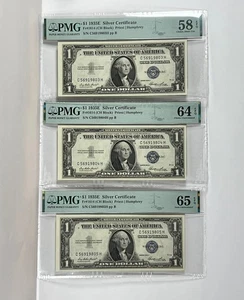 Lot of 3 1935 E $1 Silver Certs Consecutive Serials PMG 58, 64, & 65 Ships Free! - Picture 1 of 8