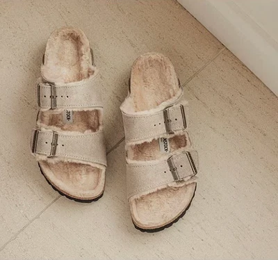 Birkenstock Women's Arizona Suede Shearling Slide Sandals - Taupe NEW WITH BOX - Image 1 of 4